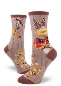 Brown woodgrain socks with red, yellow and taupe mushrooms and toadstools.