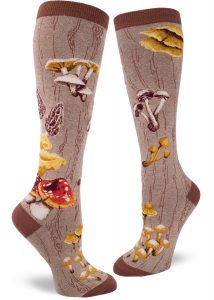 Mushroom knee socks with a woodgrain background