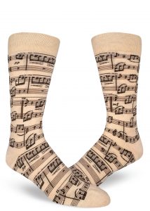 Music socks for men in tan by ModSocks with music notes by Beethoven.
