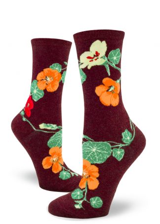 Maroon socks with a nasturtium floral design.