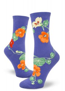 Periwinkle blue socks with a nasturtium floral design.