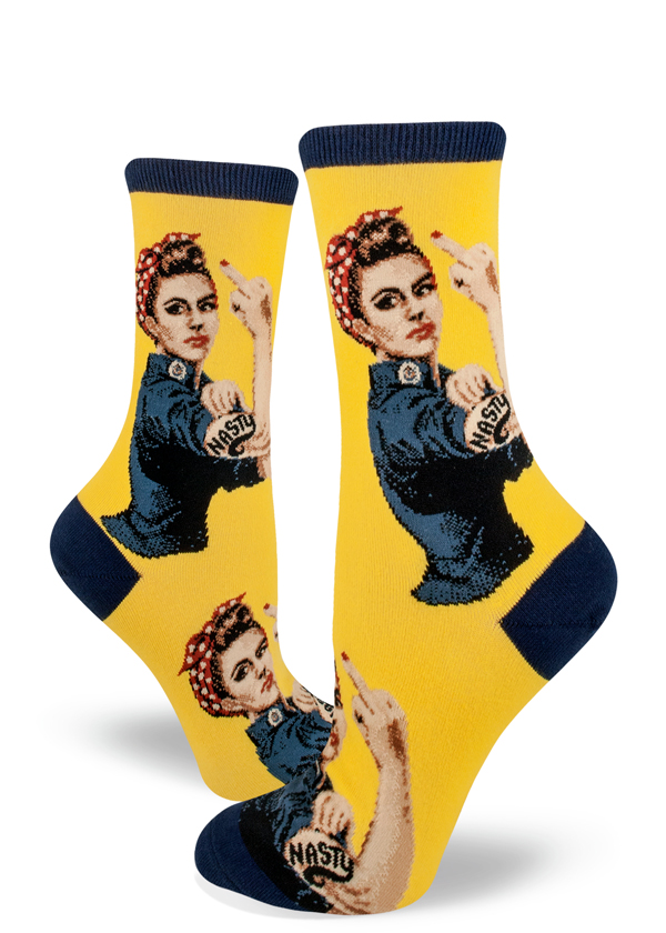 Nasty Rosie the Riveter socks with the feminist icon flipping the bird.