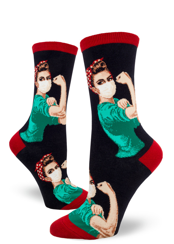 Nurse Rosie the Riveter crew socks in navy and red