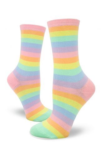 Pastel rainbow striped crew socks.