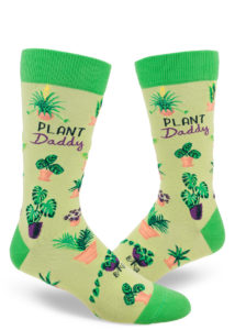 Cute men's crew socks in shades of green say "Plant Daddy" on the side with an all-over pattern of various houseplants.