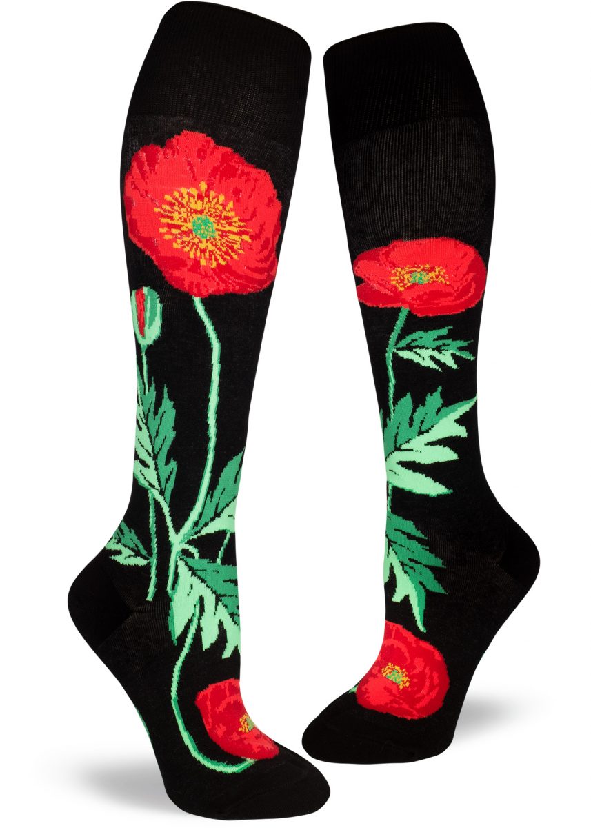 Bold Poppies Knee-High Socks – Black - ModSocks
