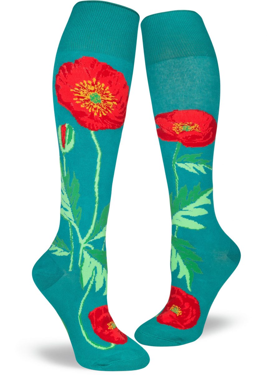 poppies-socks-knee-high-floral-socks-modsocks-teal | ModSocks Novelty Socks