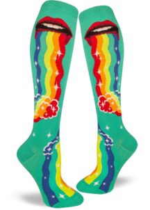 Puking rainbow socks in knee high with rainbow puke waterfall by ModSocks.