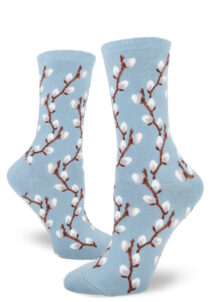 Cute women's crew socks with a repeating pattern of fuzzy pussy willow branches on a slate blue background.