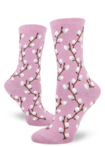 Cute women's crew socks with a repeating pattern of fuzzy pussy willow branches on a mauve background.