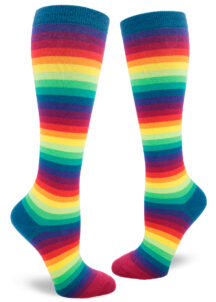 Striped knee socks featuring a repeating rainbow gradient pattern of ten colors.