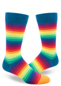 Striped men's crew socks featuring a repeating rainbow gradient pattern of ten colors.