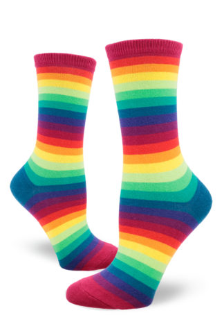 Striped women's crew socks featuring a repeating rainbow gradient pattern of ten colors.