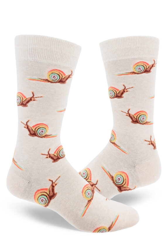 Heather cream men's crew socks with an allover repeating pattern of snails with rainbow shells, trailing rainbow slime.
