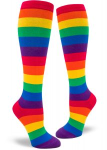 Bright rainbow striped knee socks.