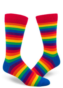 Bright rainbow striped men's socks.