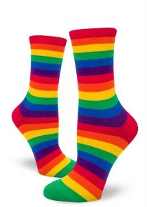Bright rainbow striped crew socks.