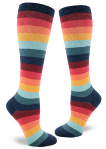Warm-toned heather-striped knee socks in a retro '70s-inspired palette of red, orange, yellow and aqua.