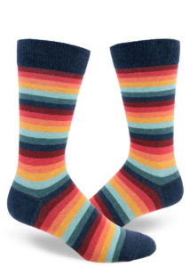 Warm-toned heather-striped men's socks in a retro '70s-inspired palette of red, orange, yellow and aqua.