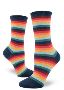 Warm-toned heather-striped women's crew socks in a retro '70s-inspired palette of red, orange, yellow and aqua.