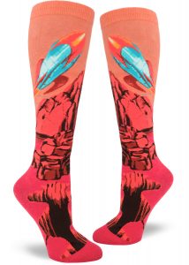 Red and orange knee socks show a blue retro rocket leaving the planet Mars.