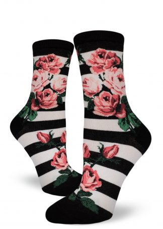Vintage rose socks with roses in striped style by ModSocks.