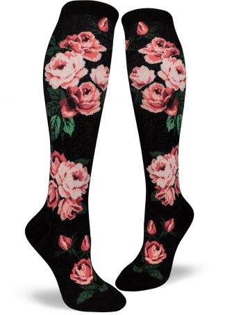 Rose socks in knee high with bouquet of roses in a vintage style floral style in black by ModSocks.