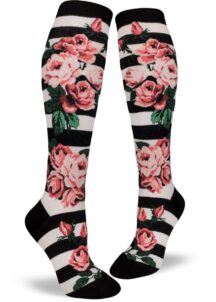 Rose socks in knee high with roses in a vintage style floral style in striped by ModSocks.
