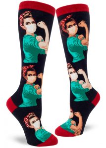 Nurse Rosie the Riveter knee socks in navy and red