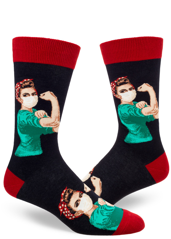 Rosie the Riveter nurse crew socks for men in navy and red