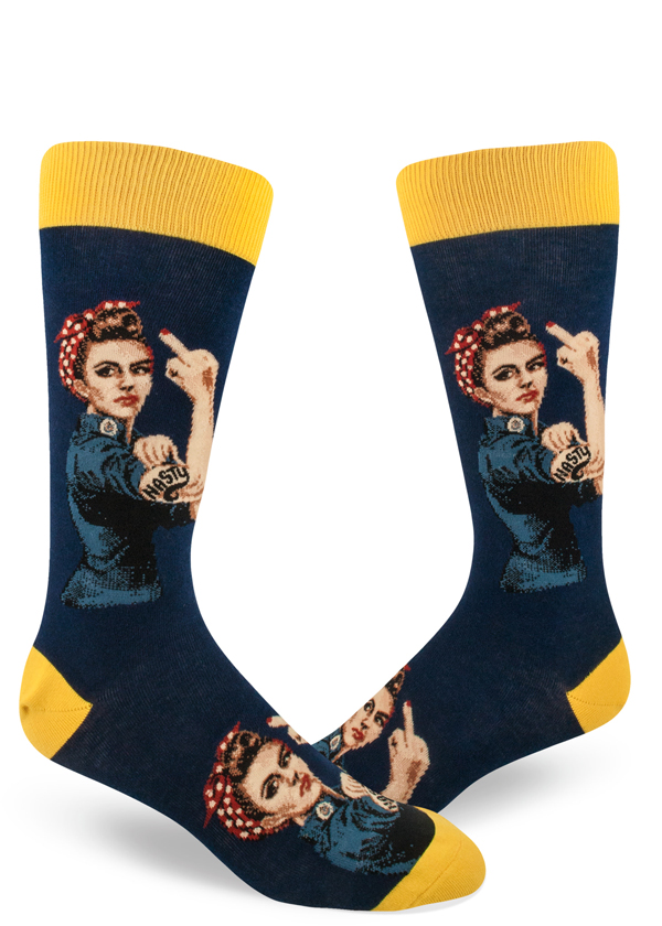 Nasty Rosie the Riveter socks for men with show Rosie with her middle finger in the air.