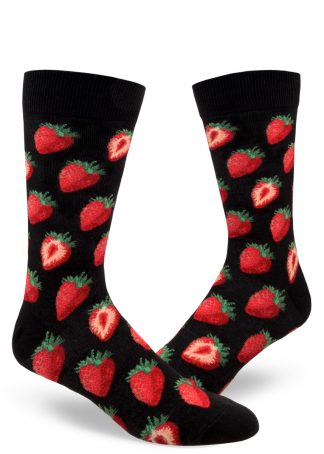 Black men's socks with a pattern of strawberries.