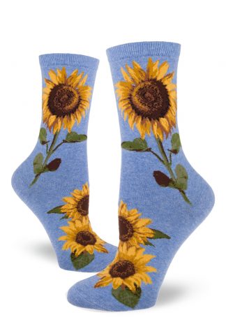 Sunflower socks for women with a yellow and green floral design on a blue background.