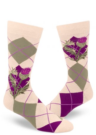 Men's socks with a thistle floral pattern over a green, purple and cream argyle.