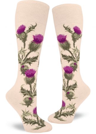 Thistle floral knee socks in cream with purple and green florals