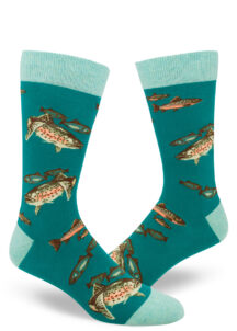 Fishing socks for men in a deep teal color covered in trout fish.