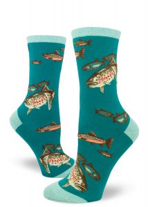 Fishing socks for women in a deep teal color covered in trout fish.