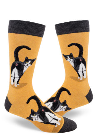 Heather gold men's socks with a funny design featuring a cute tuxedo cat showing off his butthole.