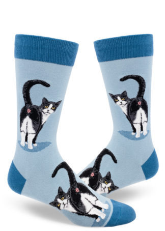 Slate blue men's socks with a funny design featuring a cute tuxedo cat showing off his butthole.