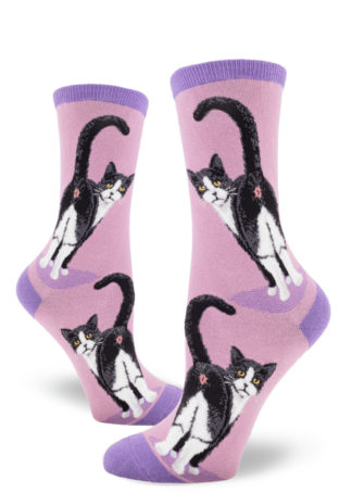 Mauve women's crew socks with a funny design featuring a cute tuxedo cat showing off his butthole.