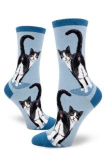 Slate blue women's crew socks with a funny design featuring a cute tuxedo cat showing off his butthole.