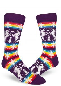 Ugly Christmas sweater socks for men by ModSocks with gay rainbow style unicorns for Christmas.