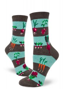 Striped socks in brown and aqua with a pattern of garden vegetables.