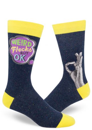 "Weird flecks but OK" socks parody the popular slang phrase over a speckled navy background.